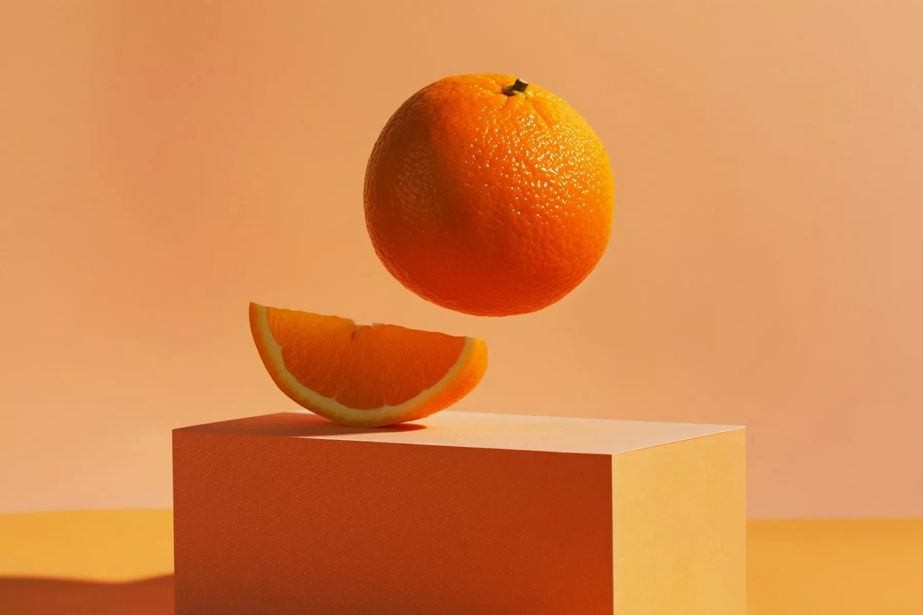 an orange falling into the air on top of a block