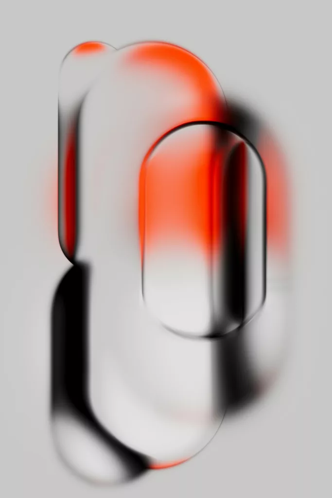 Abstract shapes with gradients of red, black, and white.