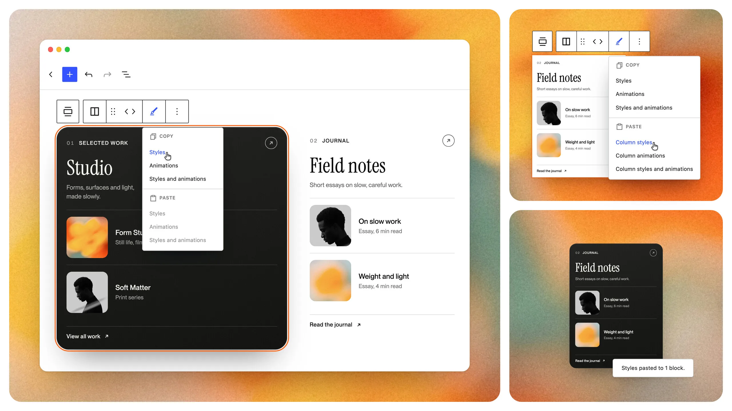 The WordPress block editor with the Nectarblocks copy and paste menu open, copying the styles of a dark column titled Studio. The same menu then pastes them onto a plain Field notes column, which turns dark to match, with a notice reading Styles pasted to 1 block.