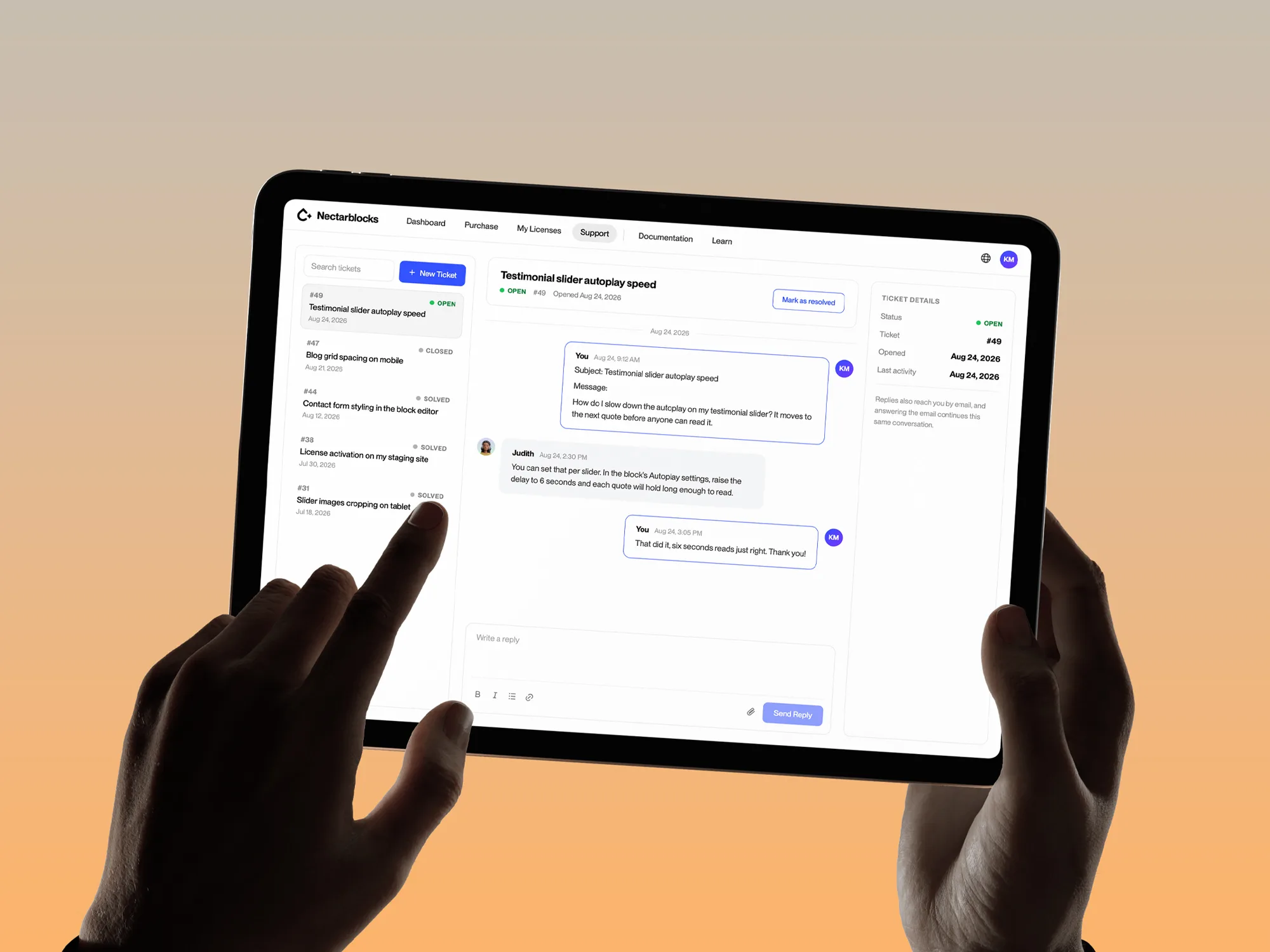 A support ticket portal built into the Nectarblocks app